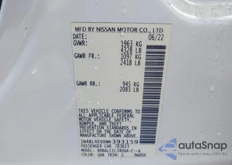 2022 Nissan Altima Sl Fwd из США, поврежденный, VIN 1N4BL4EVXNN393159